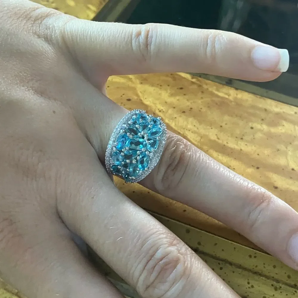 Natural Blue Apatite Moissanite Sterling Silver Cocktail Ring Size 6